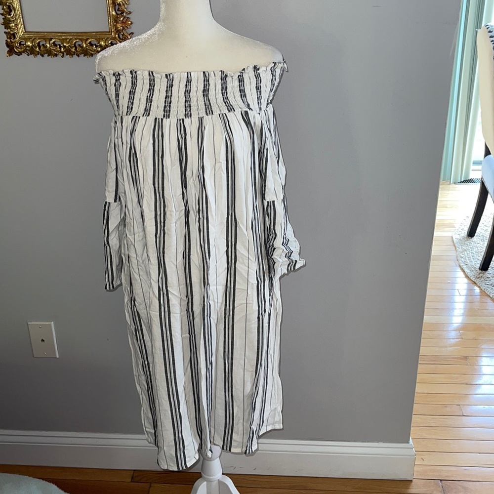 MIDI length off white& black striped dress